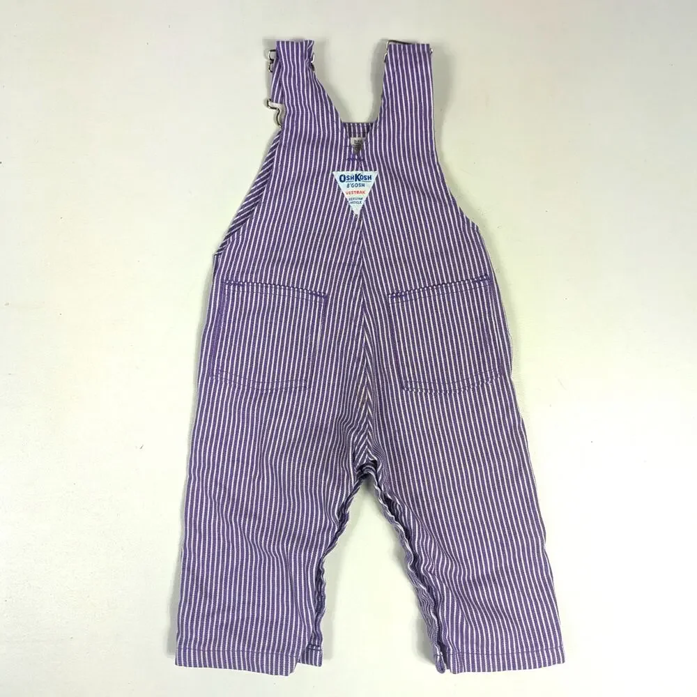 Vtg Oshkosh B'gosh Overalls Baby Girls Sz 12m Purple Engineer Stripe Hickory